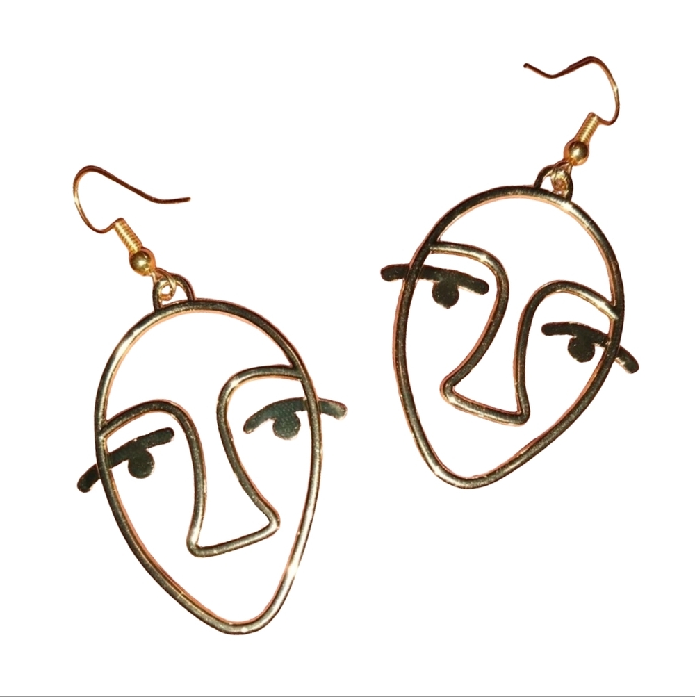 Gold Abstract Face Earrings Artistic Outline Eyes Eyelashes Line Art Bohemian